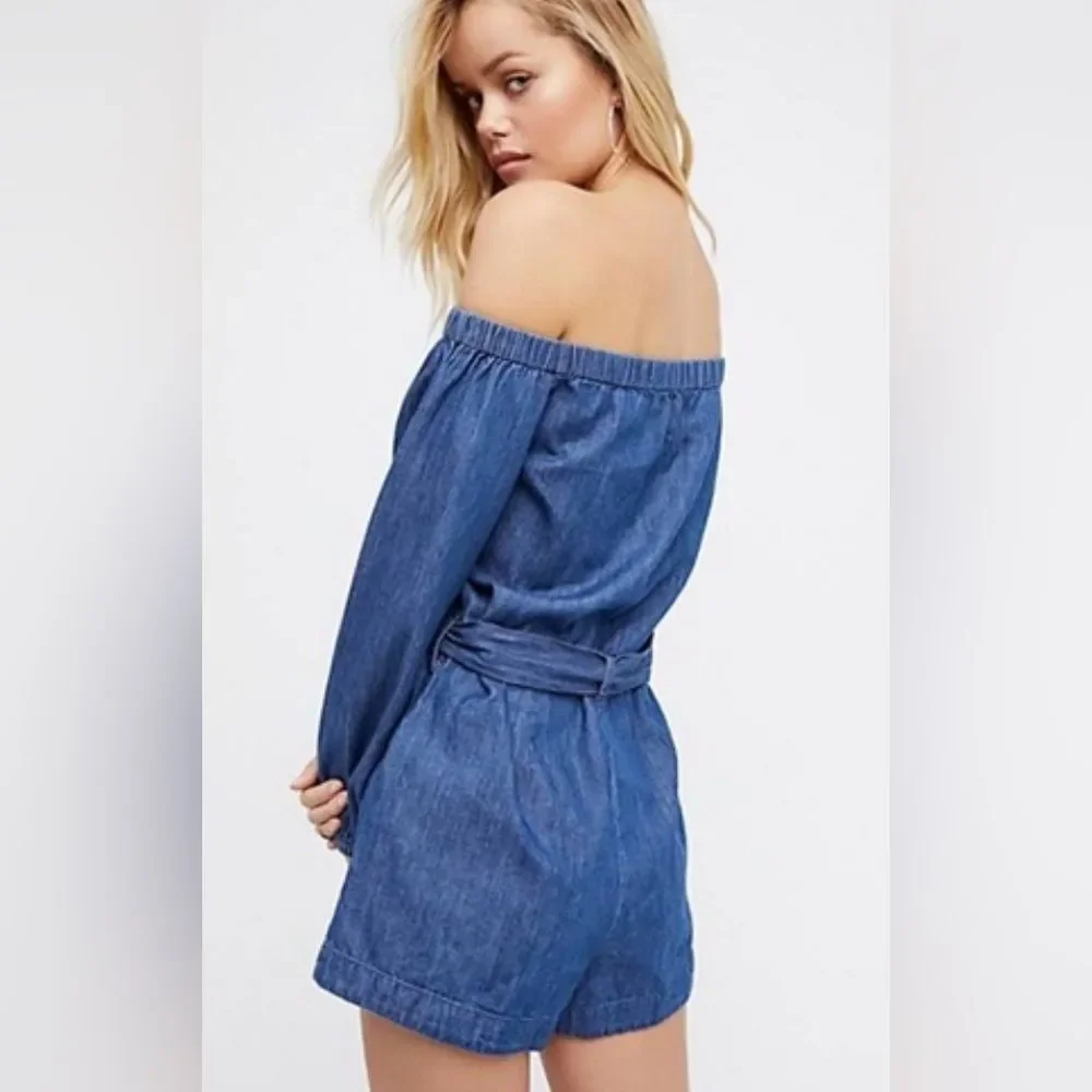 Free People Blue Denim Tie at Waist Romper Size XS EUC